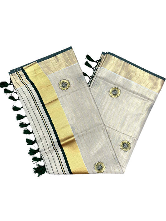 Southloom Kerala Tissue Kasavu Lines Saree with Embroidery Work on Body in Green SL315