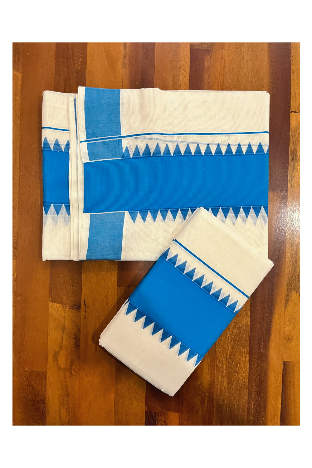 Kerala Pure Cotton Set Mundu Single (Mundum Neriyathum) with Blue Temple Border 2.80 Mtrs