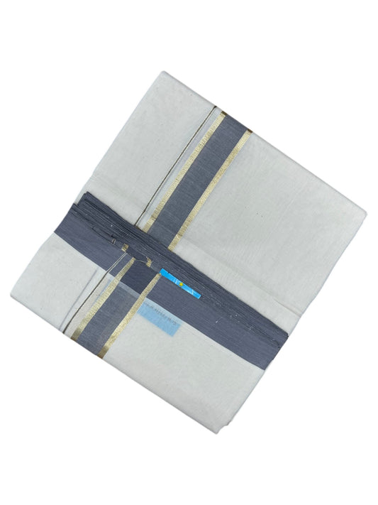 Southloom Balaramapuram Premium Handloom Cotton Double Mundu with Gold Kasavu and Grey Border