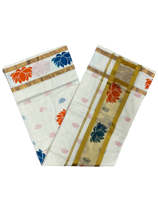 Southloom Cotton Kerala Kasavu Saree with Lotus Block Prints on Body and Border in Blue and Orange