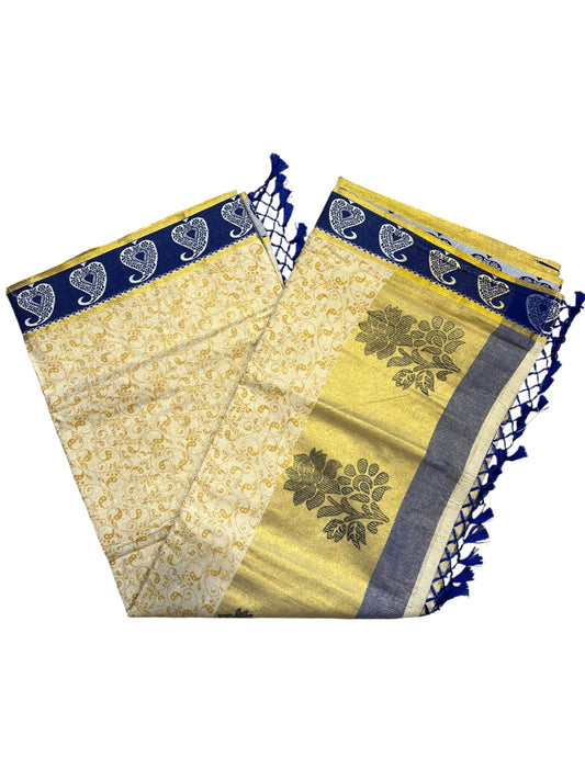 Southloom Kerala Tissue Kasavu Printed Saree with Blue Floral Embroidery Works and Tassels
