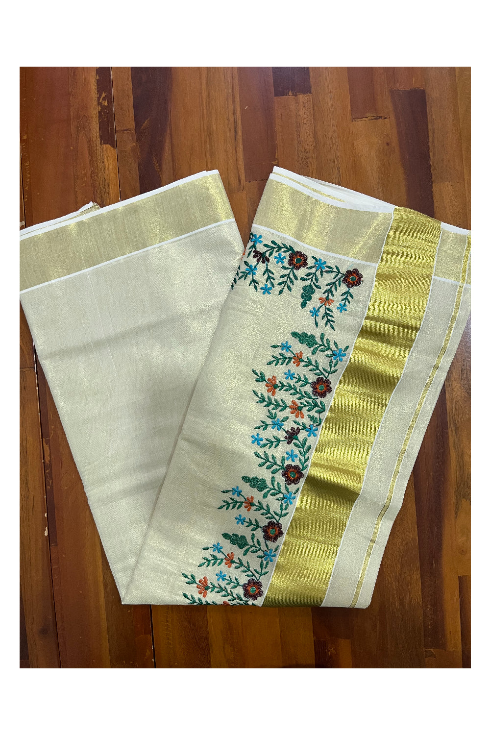 Kerala Tissue Kasavu Saree with Floral Embroidery Works on Border