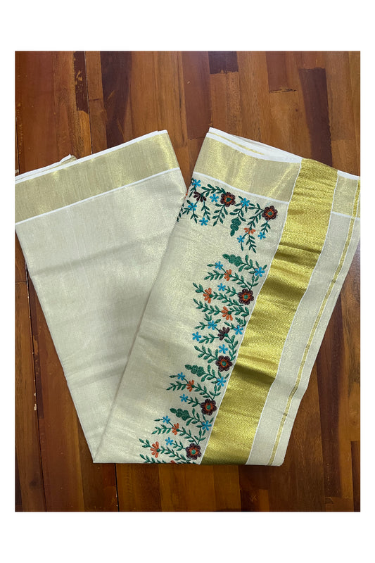 Kerala Tissue Kasavu Saree with Floral Embroidery Works on Border
