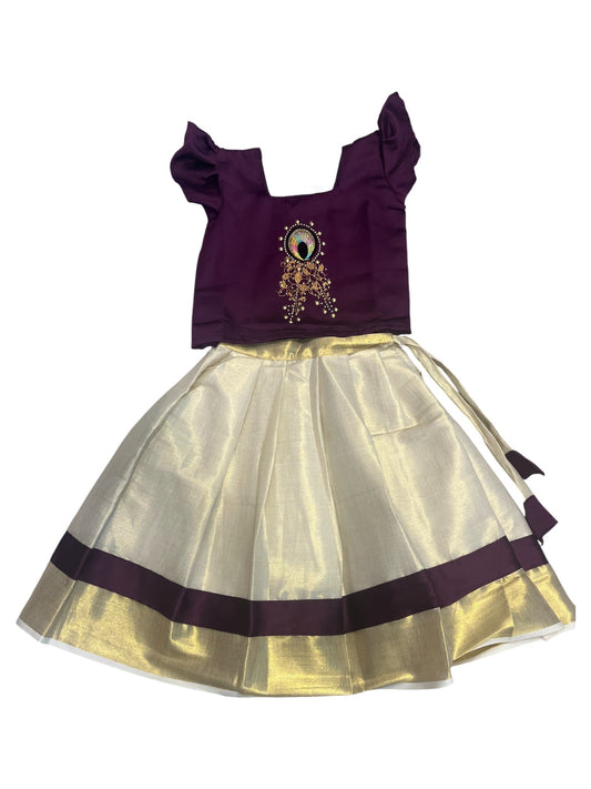Southloom Kerala And Purple Tissue Kasavu Pavada Blouse with Embroidery Work for Kids (Age 2)