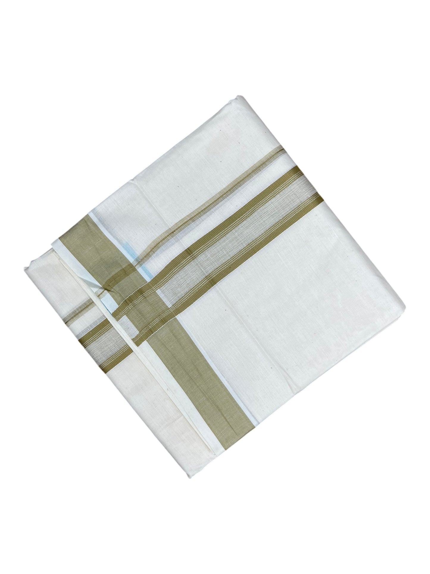 Southloom Kerala Pure Cotton Double Mundu with Olive Green Border (South Indian Kerala Dhoti)