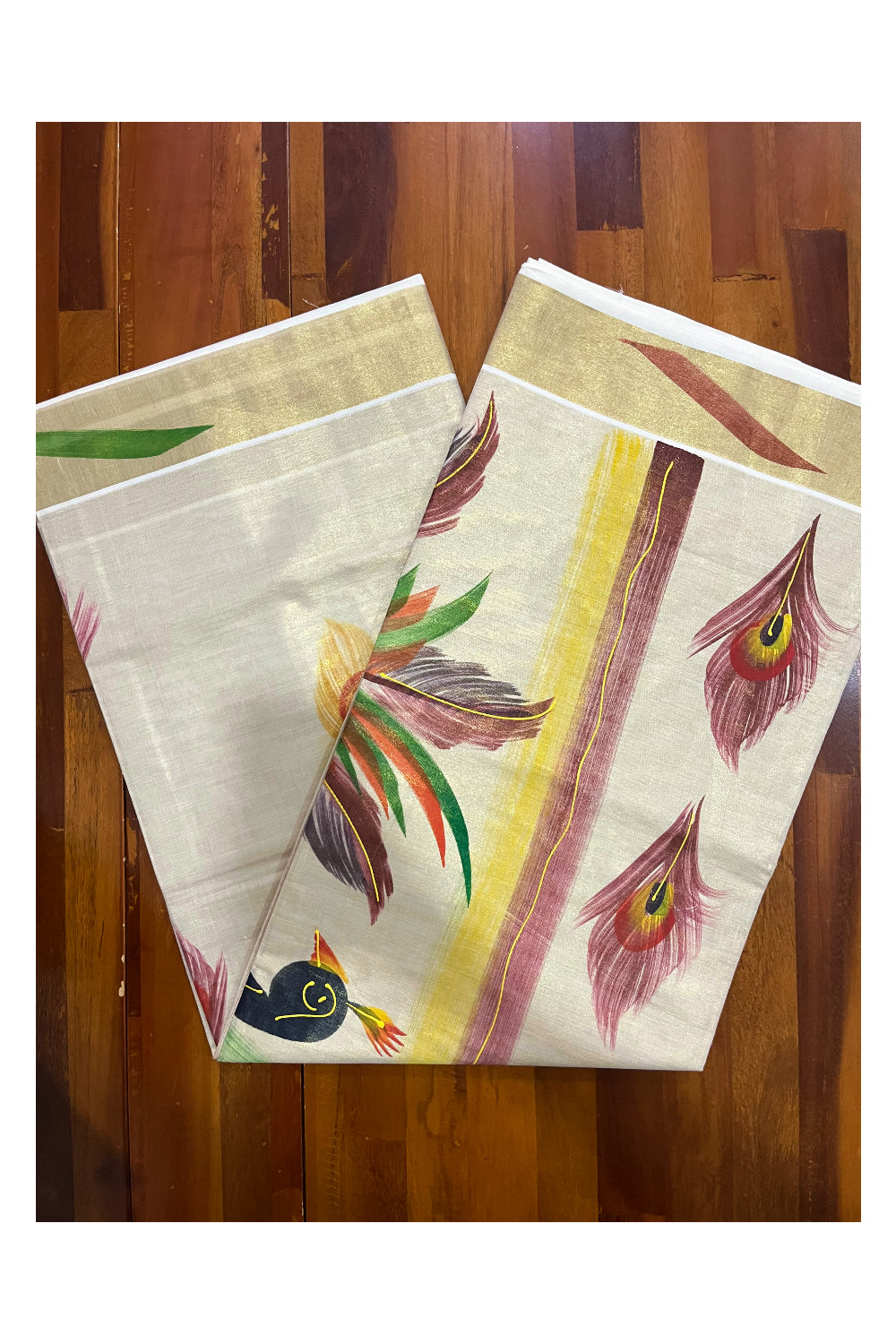 Kerala Tissue Kasavu Saree with Hand Painted Peacock Design