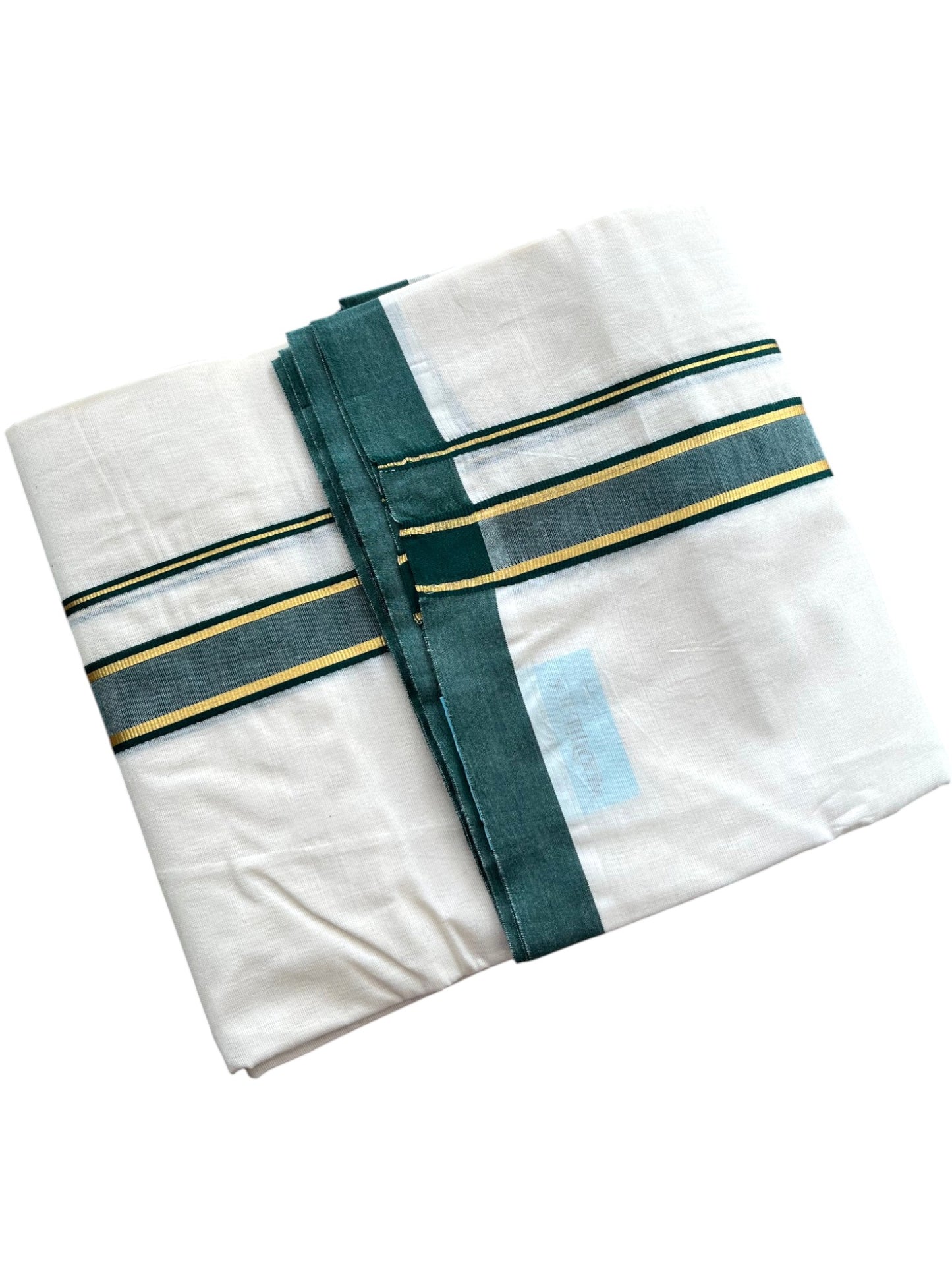 Southloom Pure Cotton Mundu with Golden Lines and Green Border (South Indian Kerala Dhoti)