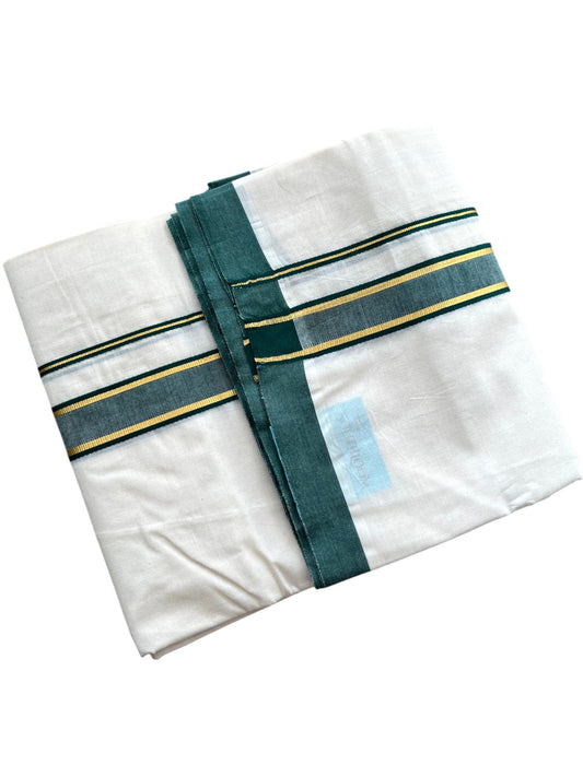 Southloom Pure Cotton Mundu with Golden Lines and Green Border (South Indian Kerala Dhoti)
