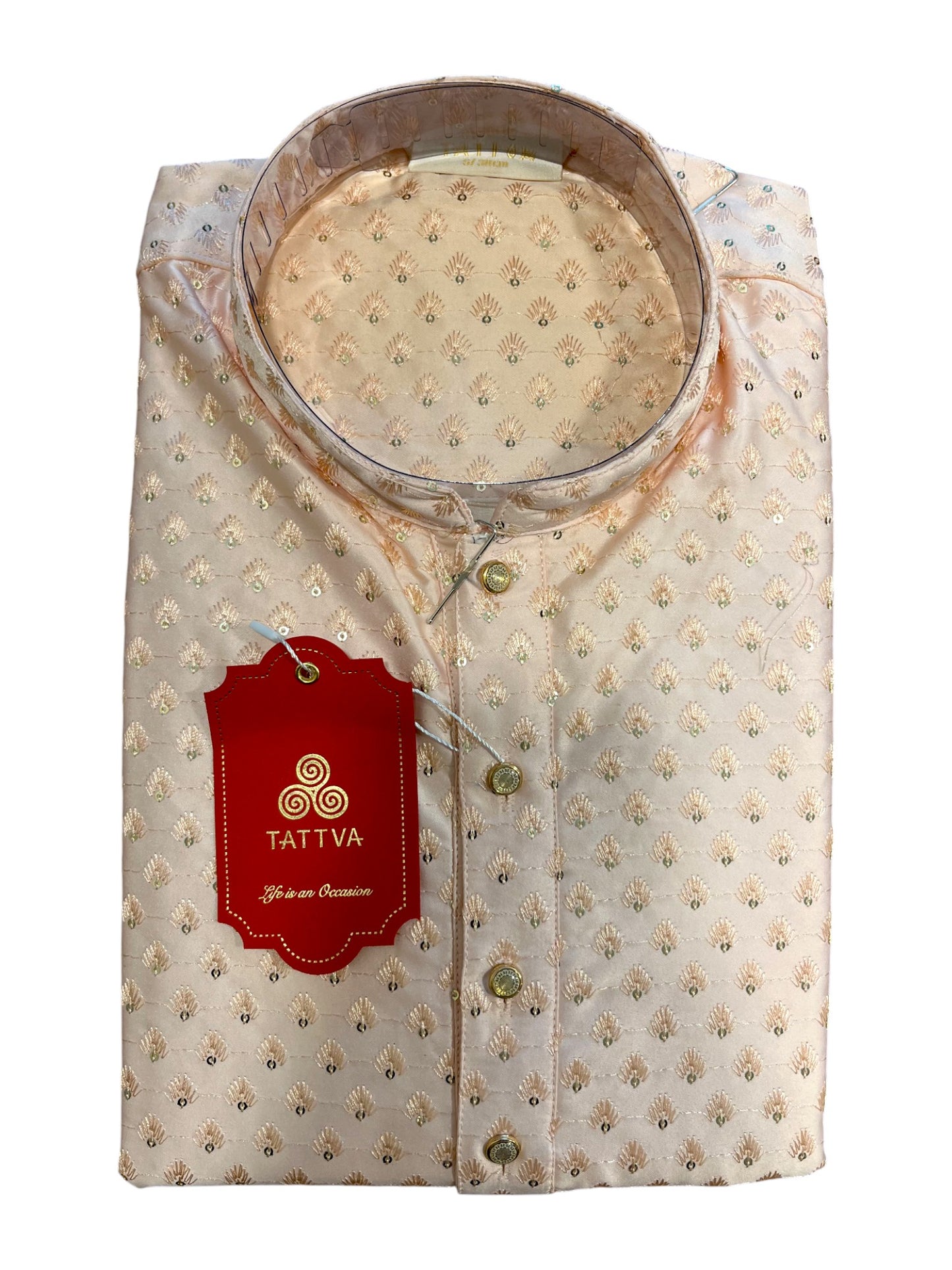 Southloom Beige Woven Patterns Semi Silk Short Kurta for Men