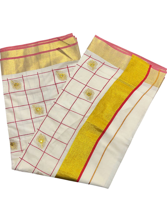 Southloom Kerala Cotton Saree with Red and Golden Peacock feather Embroidery Works