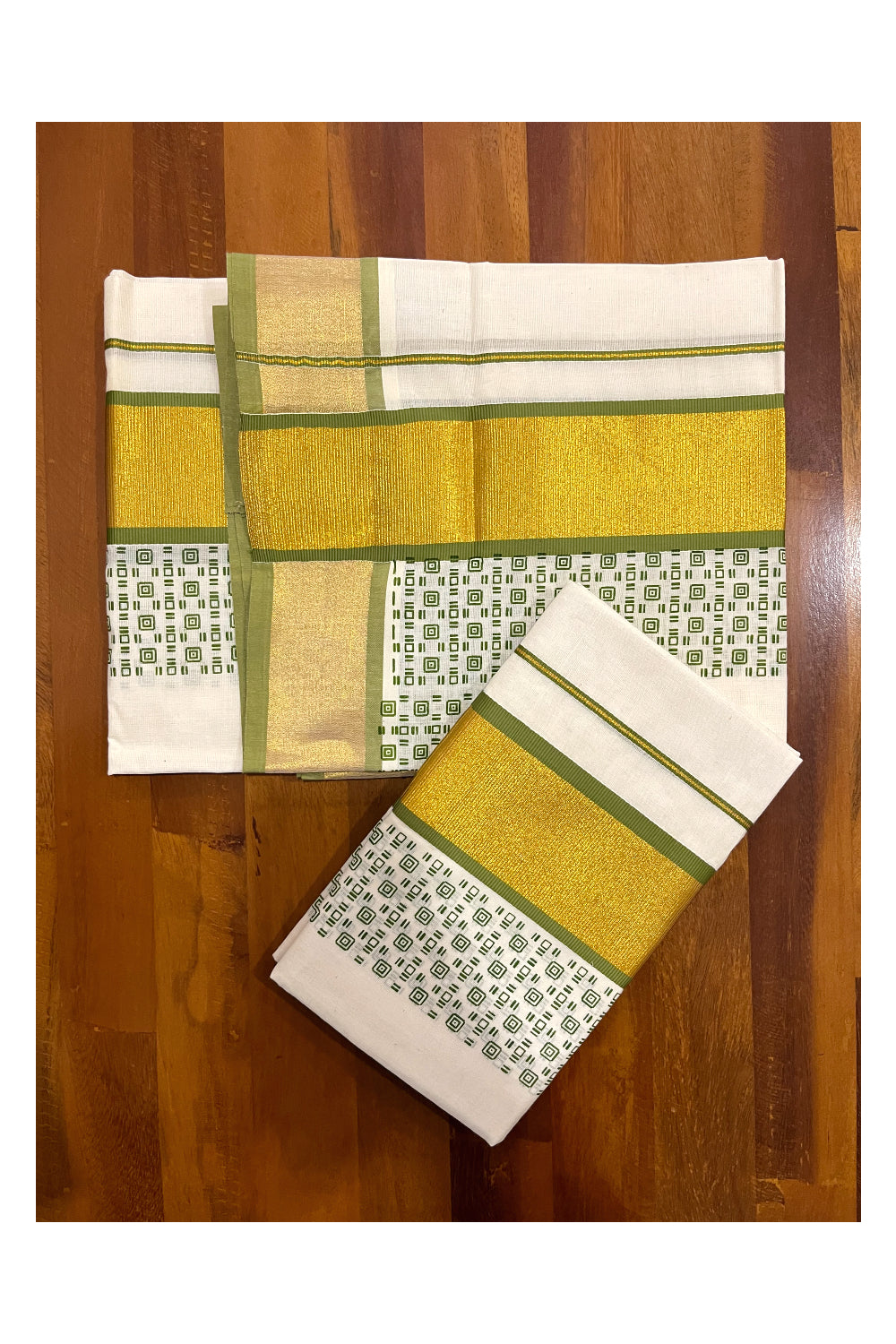 Pure Cotton Kerala Single Set Mundu (Mundum Neriyathum) with Green Block Printed Kasavu Border