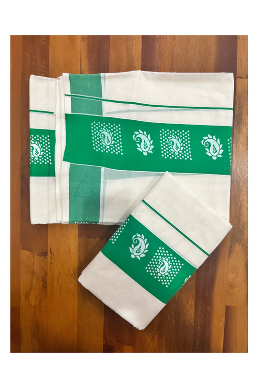 Kerala Cotton Single Set Mundu (Mundum Neriyathum) with Block Prints on Green Border
