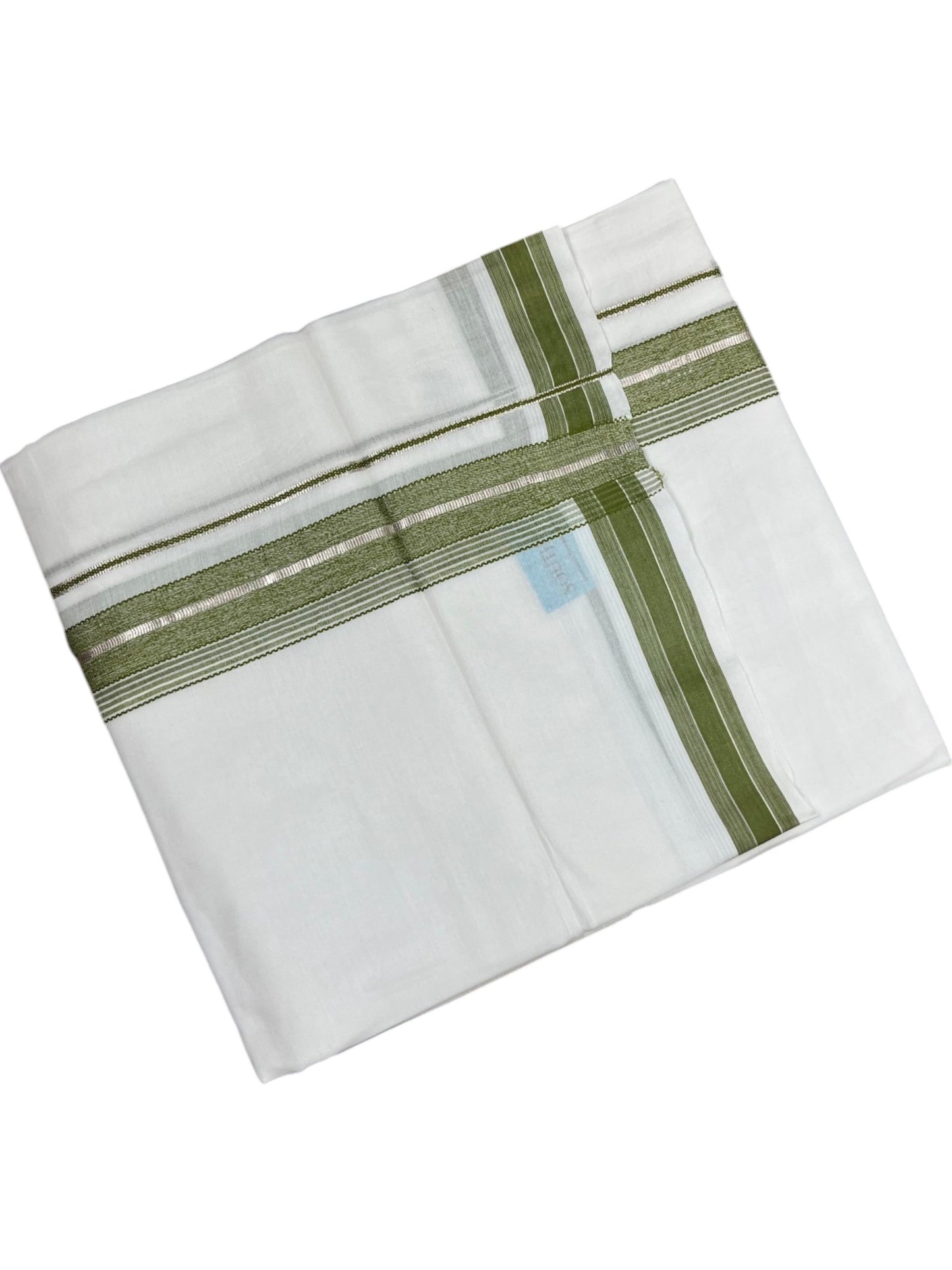 Southloom Kerala Pure White Cotton Double Mundu with Silver Line & Olive Green Border (South Indian Dhoti)