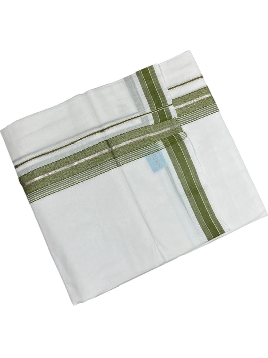 Southloom Kerala Pure White Cotton Double Mundu with Silver Line & Olive Green Border (South Indian Dhoti)