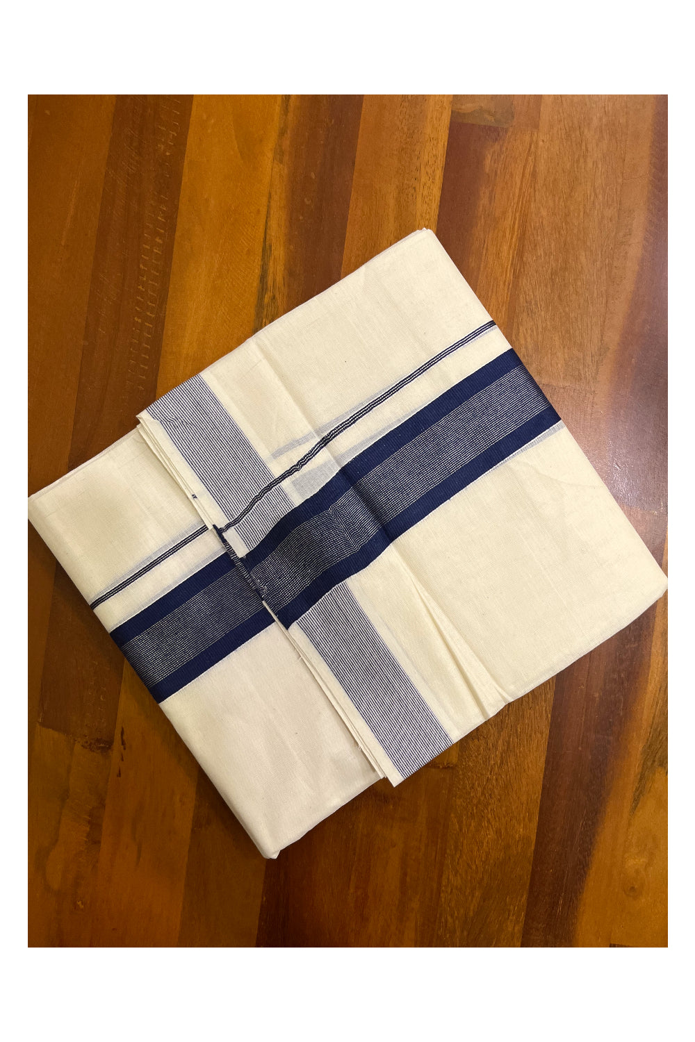 Kerala Pure Cotton Double Mundu with Dark Blue and Silver Kasavu Border (South Indian Kerala Dhoti)