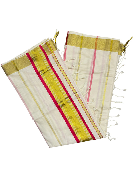 Southloom Kerala Cotton Kasavu Saree with Gold And Pink Lines on Body