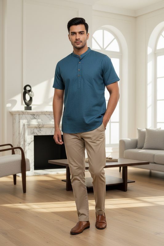 Southloom Blue Short Cotton Kurta Shirt for Men