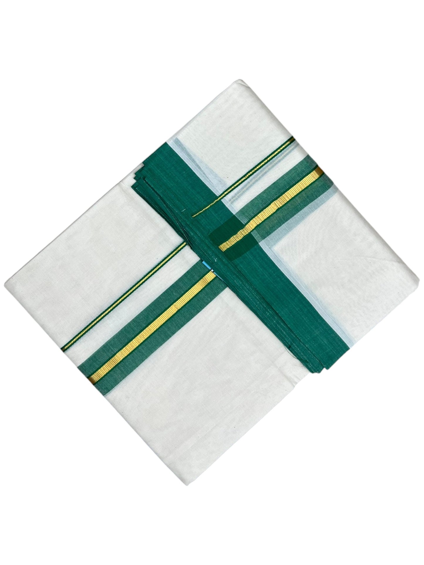 Southloom Pure Cotton Mundu with Gold Lines and Green Border (South Indian Kerala Dhoti)