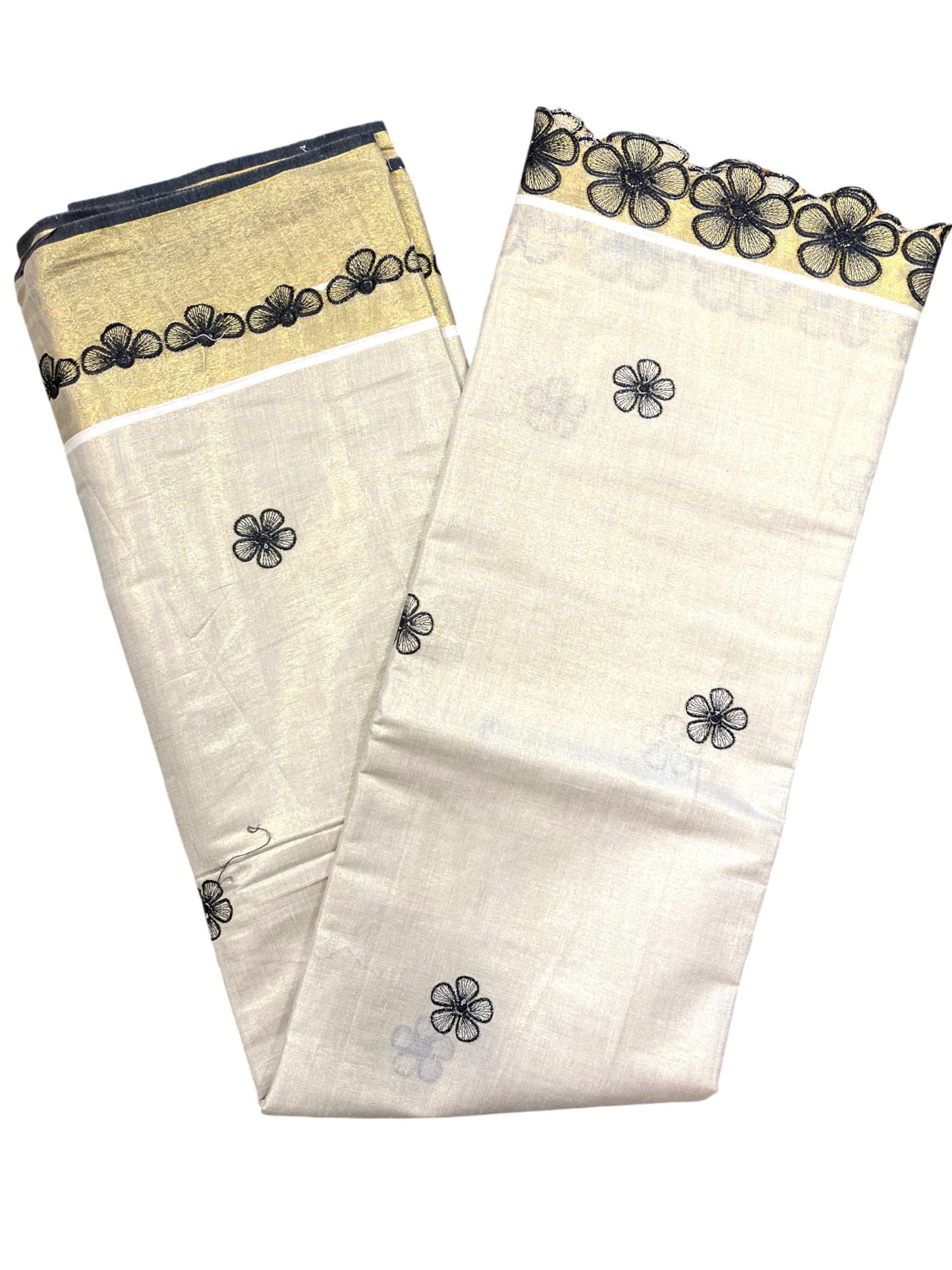 Southloom Kerala Tissue Kasavu Saree with Black Floral Embroidery on Body and Border
