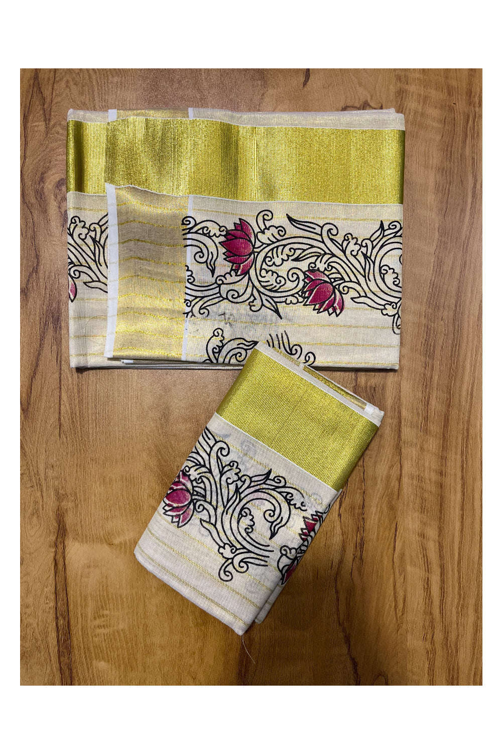 Kerala Tissue Single Set Mundu (Mundum Neriyathum) with Magenta Lotus Block Printed Design 2.80Mtr