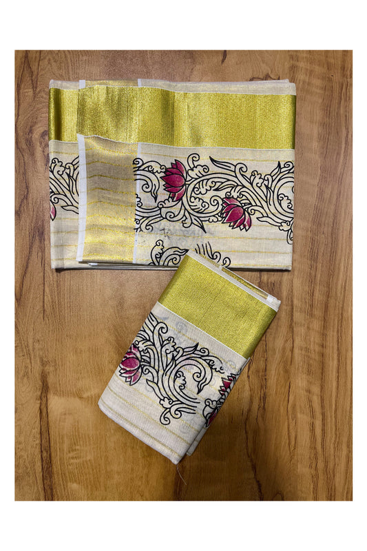 Kerala Tissue Single Set Mundu (Mundum Neriyathum) with Magenta Lotus Block Printed Design 2.80Mtr