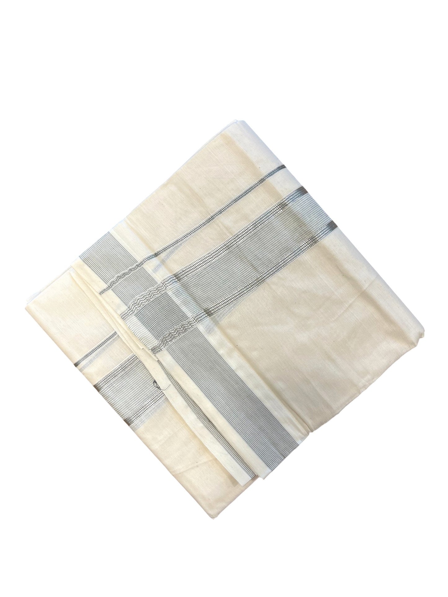 Southloom Kerala Pure Cotton Double Mundu with Silver Lines & Grey Border (South Indian Dhoti)