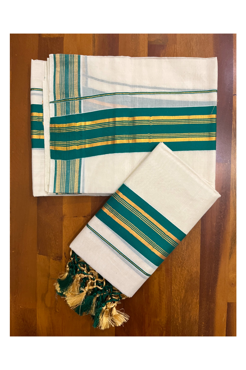 Cotton Kerala Set Mundu (Mundum Neriyathum) with Green and Kasavu Border and Tassels 2.80 Mtrs