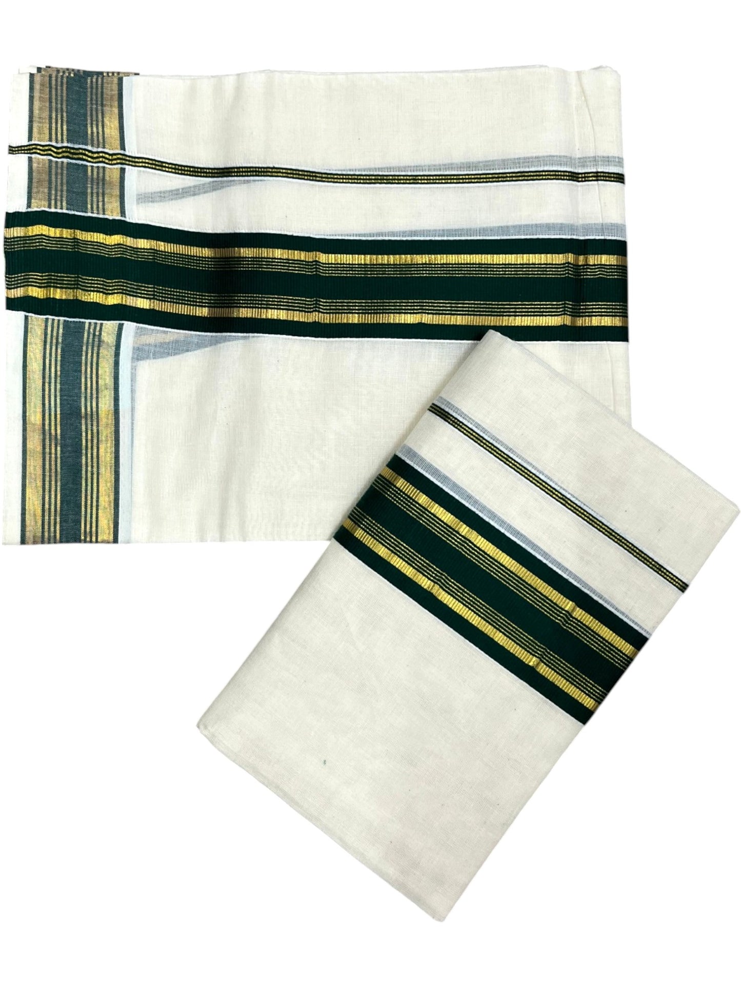 Southloom Kerala Cotton Kasavu Single Set Mundu (Mundum Neriyathum) with Green Kasavu Border SLKK