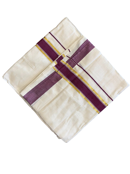 Southloom Pure Cotton Mundu with Gold Kasavu and Maroon Colour Border (South Indian Kerala Dhoti)