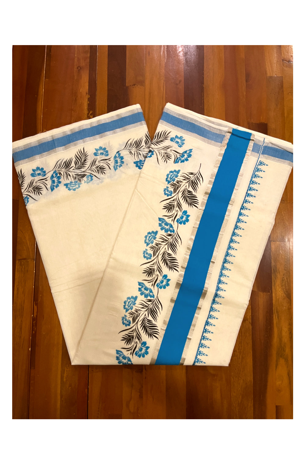 Pure Cotton Kerala Saree with Blue Black Floral Block Prints and Silver Blue Border