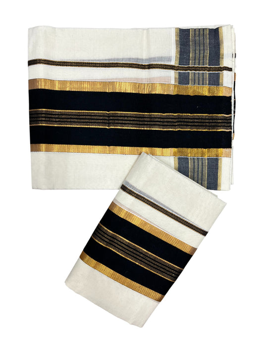 Kerala Cotton Set Mundu (Mundum Neriyathum) with Kasavu and Black Border in 2.80 Mtrs