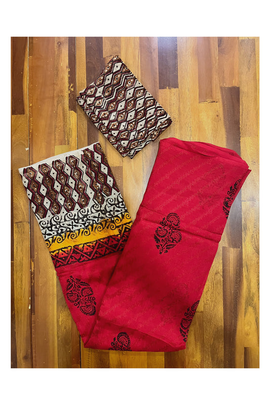 Southloom Dark Red Crepe Fabric Saree with Brown Printed Blouse Piece