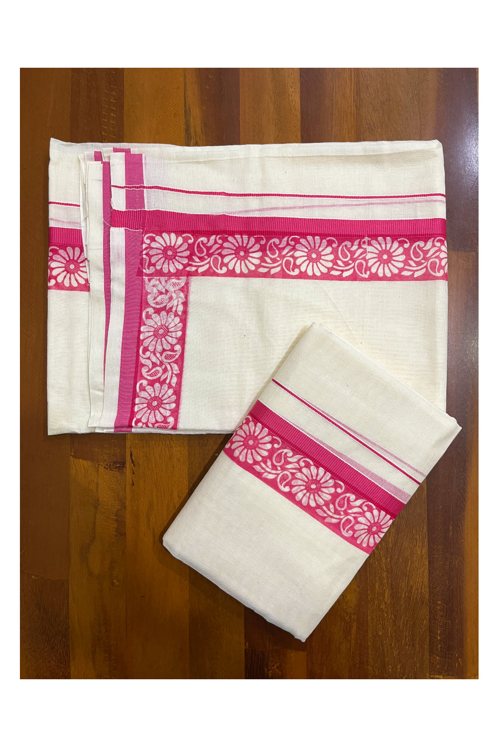 Kerala Cotton Kasavu Single Set Mundu (Mundum Neriyathum) with Pink Kara and  Block prints (Onam 2024 Collection)