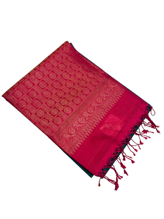 Southloom Pure Handloom Kanchipuram Silk Saree with Korvai Work (Magenta & Green)
