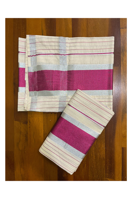 Kerala Cotton Set Mundu Single (Mundum Neriyathum) with Silver and Dark Pink Kasavu Lines Across Body 2.80 Mtrs