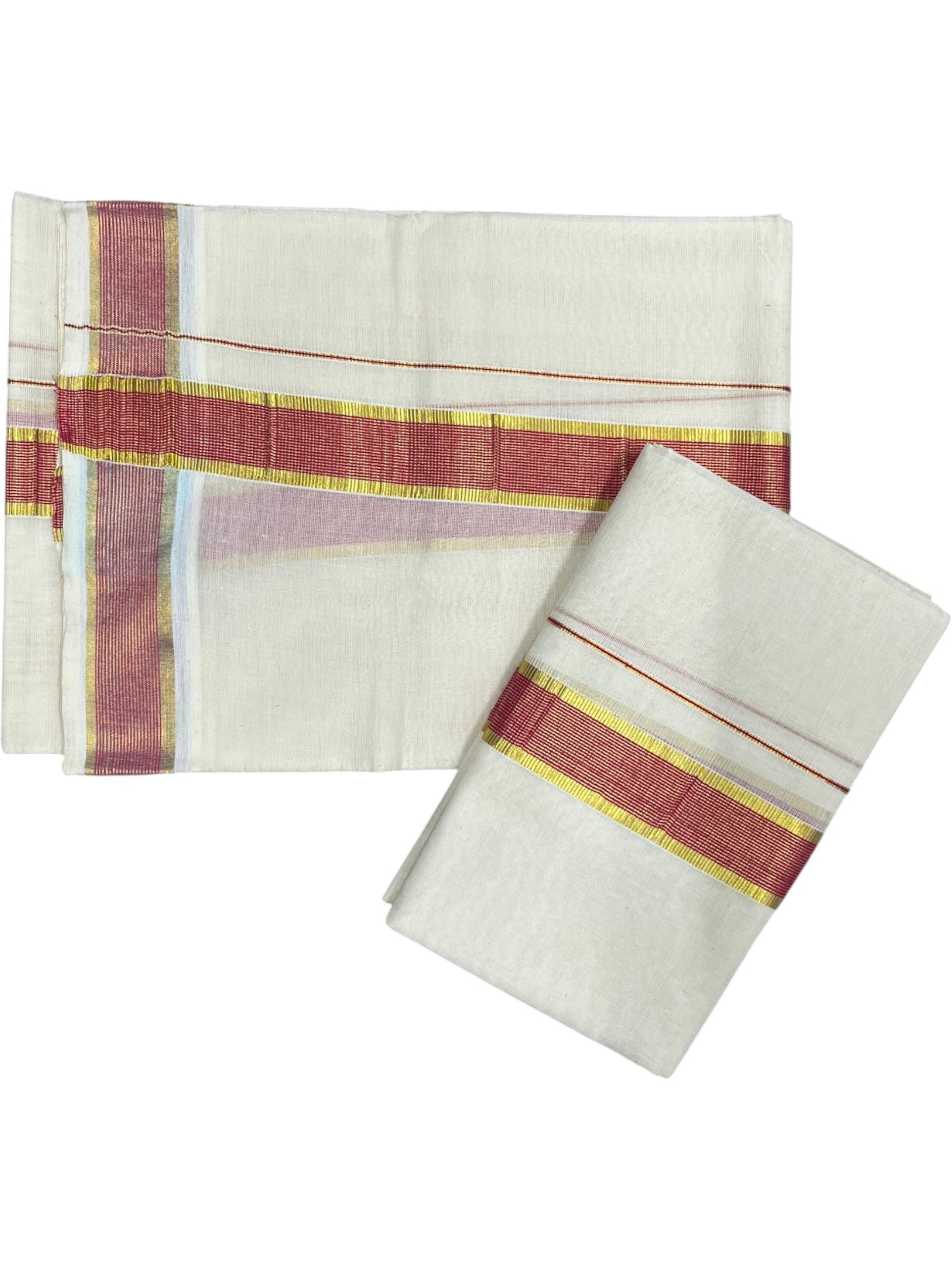Southloom Pure Cotton Kerala Kasavu Set Mundu (Mundum Neriyathum) Kasavu & Pink Border in 2.80 Mtrs SLKK SL470