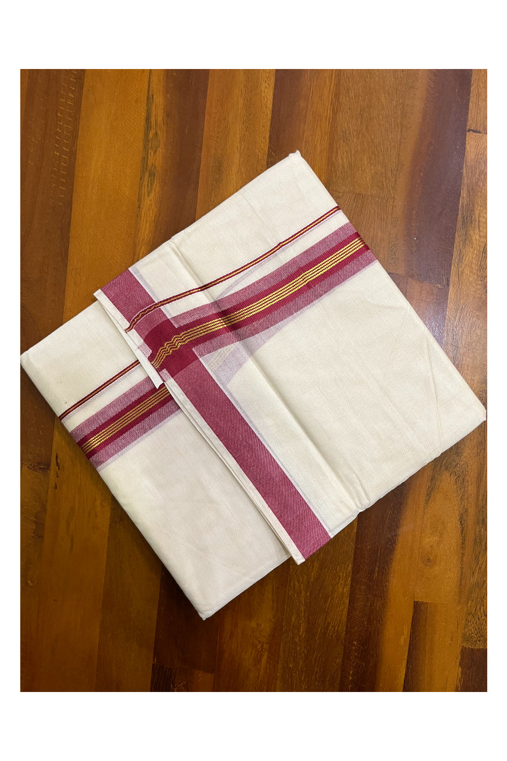 Kerala Pure Cotton Double Mundu with Kasavu and Maroon Border (South Indian Kerala Dhoti)