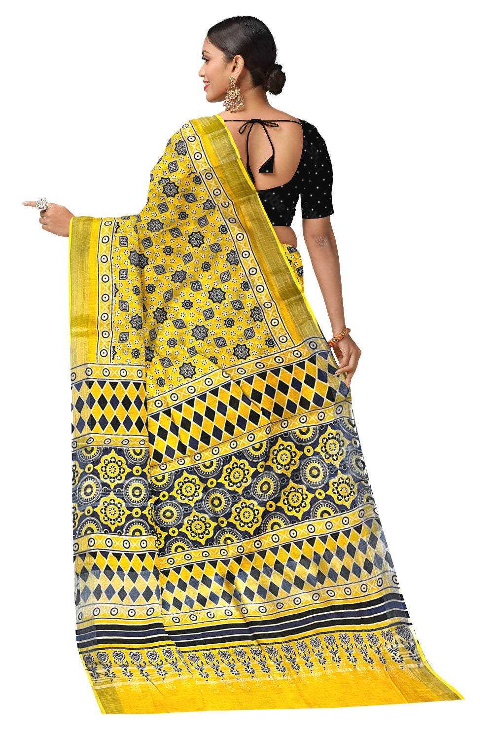 Southloom Linen Yellow Designer Saree with Prints on Body