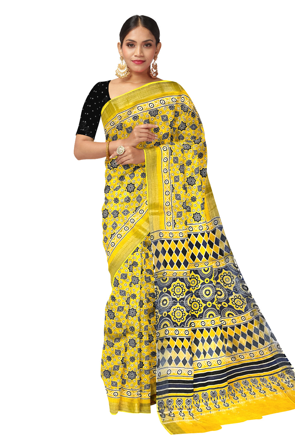 Southloom Linen Yellow Designer Saree with Prints on Body