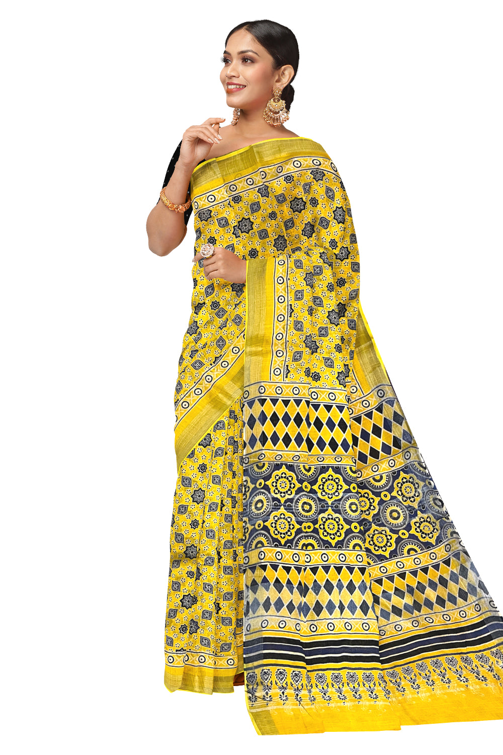 Southloom Linen Yellow Designer Saree with Prints on Body