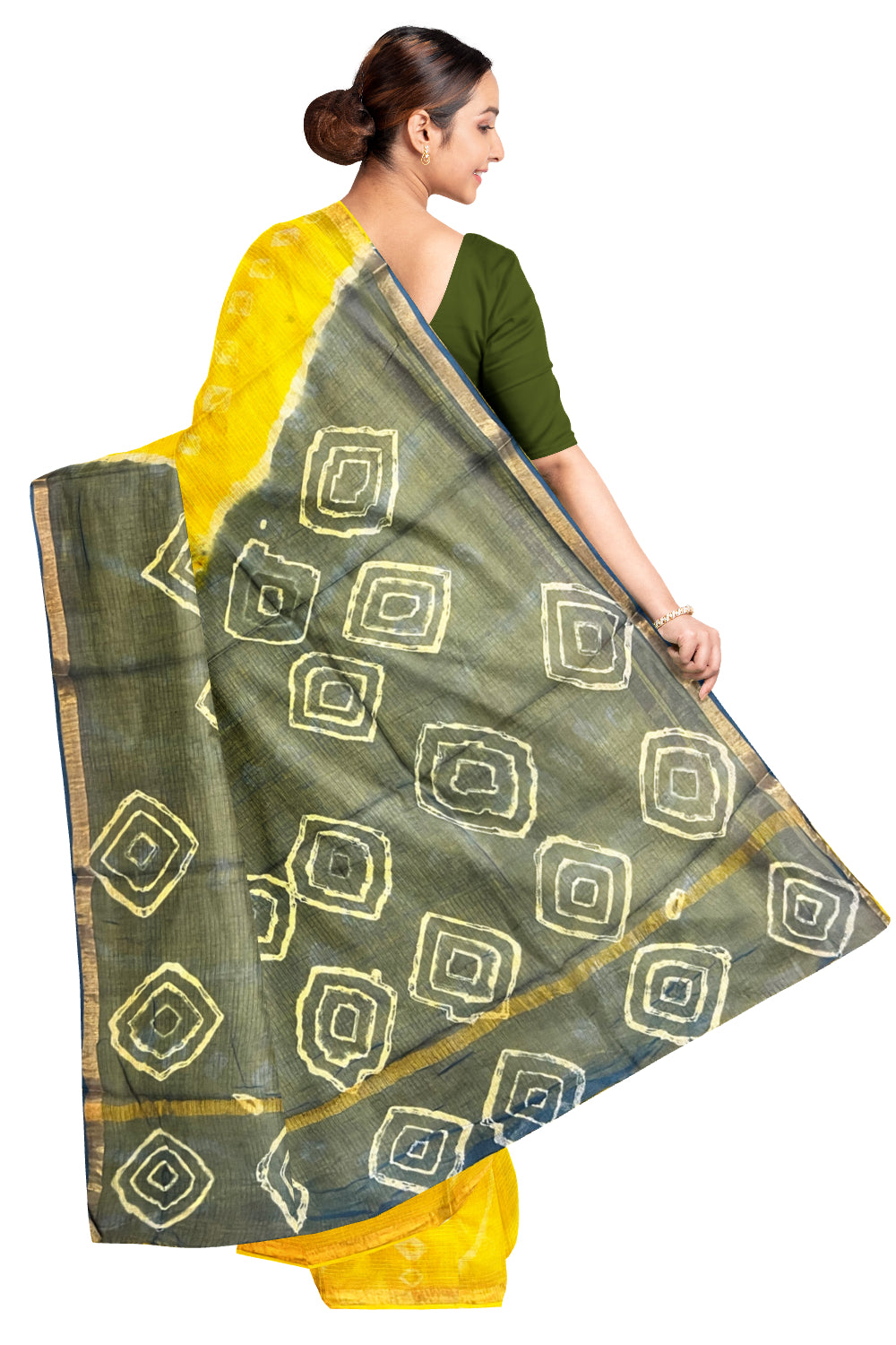Southloom Kota Fabric Printed Yellow Grey Saree