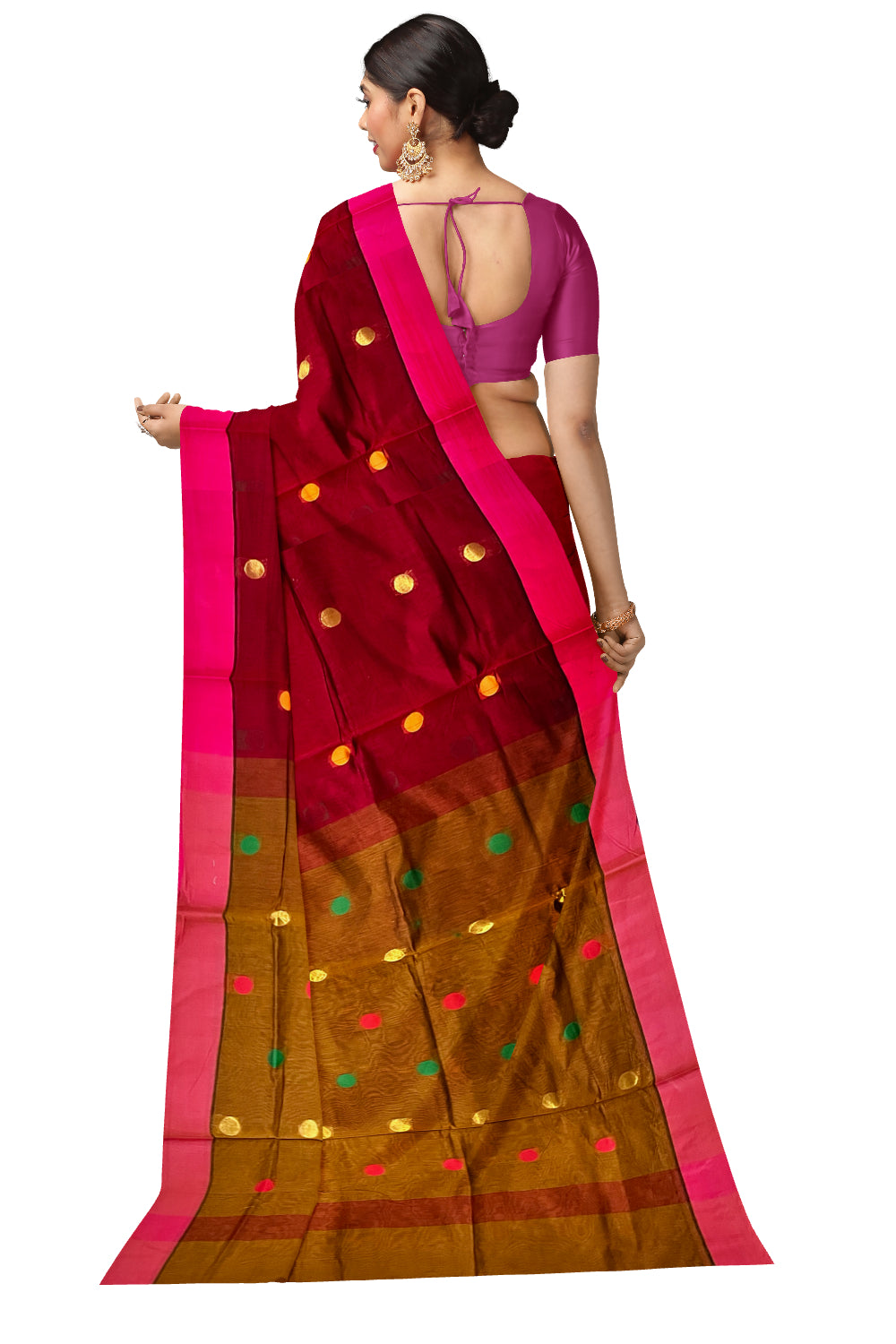 Southloom Cotton Maroon Saree with Polka Woven Designs and Magenta Border