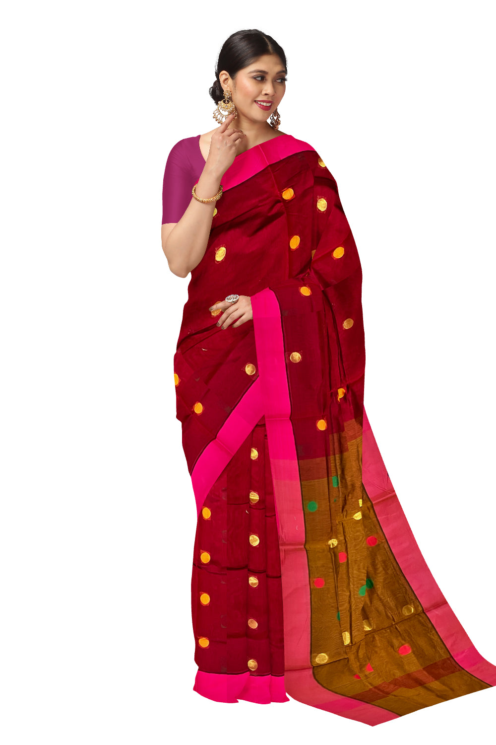 Southloom Cotton Maroon Saree with Polka Woven Designs and Magenta Border