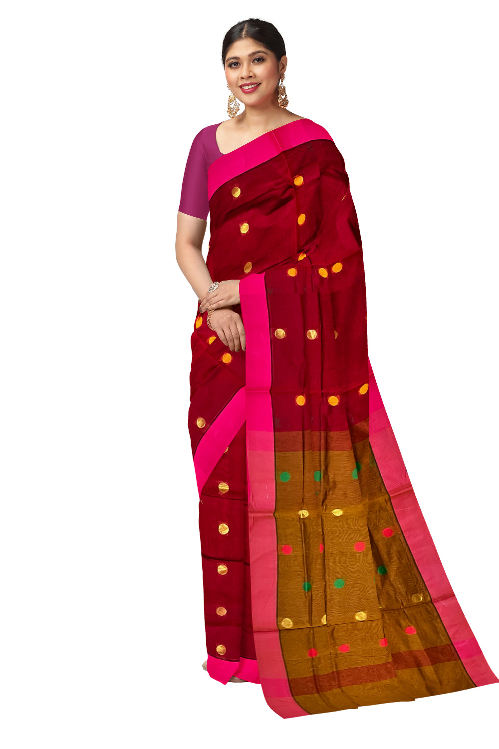 Southloom Cotton Maroon Saree with Polka Woven Designs and Magenta Border