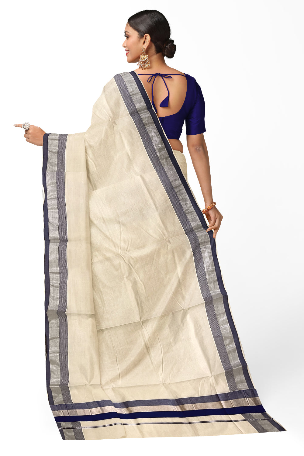 Kerala Pure Cotton Plain Saree with Silver Kasavu and Blue Border