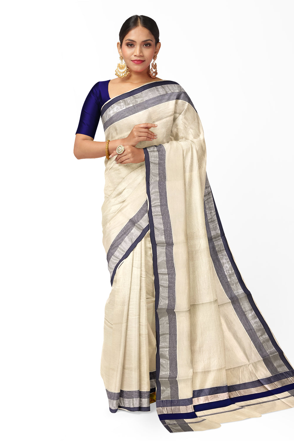 Kerala Pure Cotton Plain Saree with Silver Kasavu and Blue Border