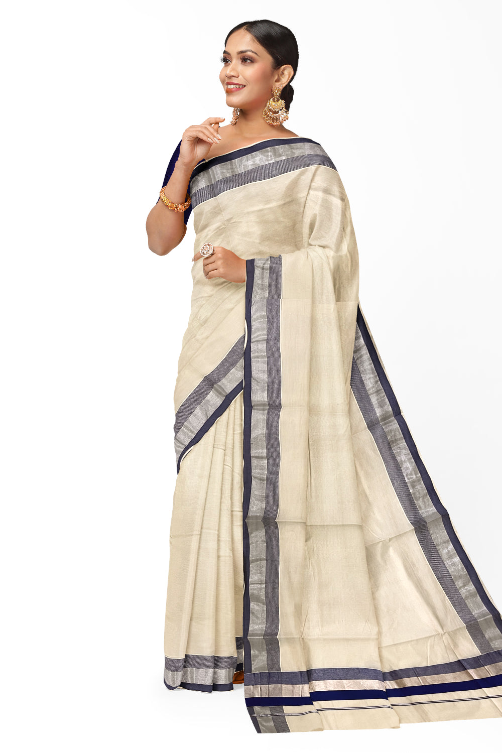 Kerala Pure Cotton Plain Saree with Silver Kasavu and Blue Border