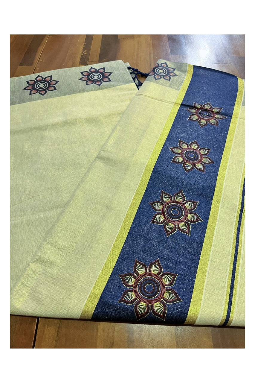 Kerala Tissue Kasavu Saree with Floral Block Prints in Dark Blue Border