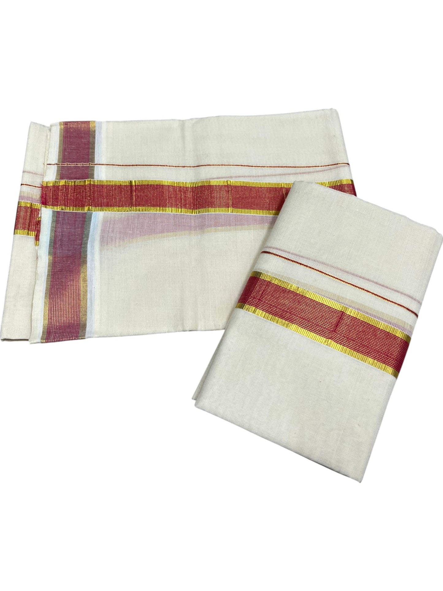 Southloom Pure Cotton Kerala Kasavu Set Mundu (Mundum Neriyathum) Kasavu & Pink Border in 2.80 Mtrs SLKK SL470