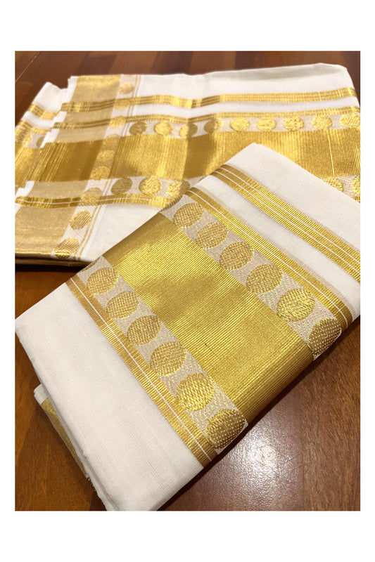 Southloom Handloom Premium Pure Cotton Kasavu Set Mundu (Mundum Neriyathum) with Polka Woven Designs on Border